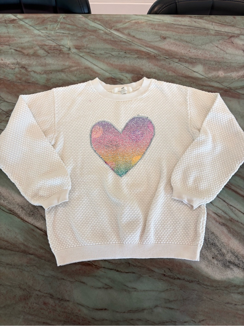 H&M White Sweater with Rainbow Heart Sequin